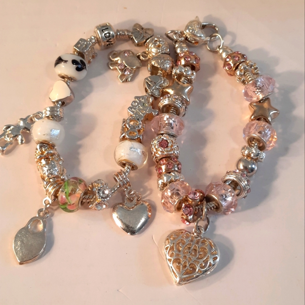 Elegant Silver Tone Silver Plate  and Pink Charm Bracelet